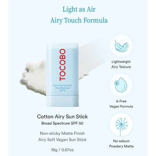 Cotton Airy Sun Stick SPF 50 Broad Spectrum Korean Matte Sunscreen Stick for Face - Travel Size Sebum Control Sunblock -Vegan, Lightweight, Non-Sticky 0.67 oz - Image 5