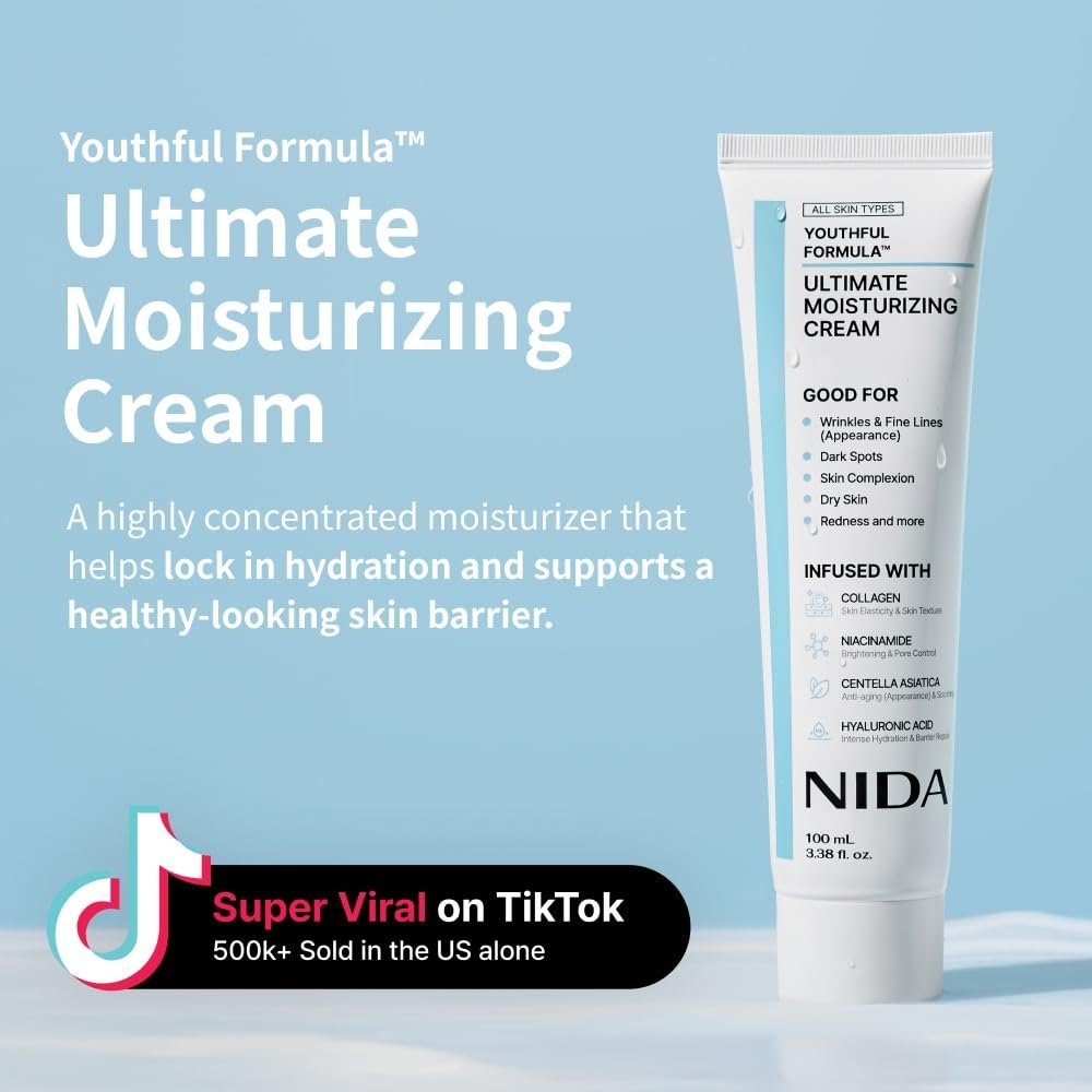 NIDA Youthful Formula™ Ultimate Moisturizing Cream | Centella Asiatica, Niacinamide, Hyaluronic Acid, Collagen | Wrinkles, Fine Lines, Dark Spots, Dry Skin, Redness | 3.38 fl. oz., 100ml (New Formula) - Image 2