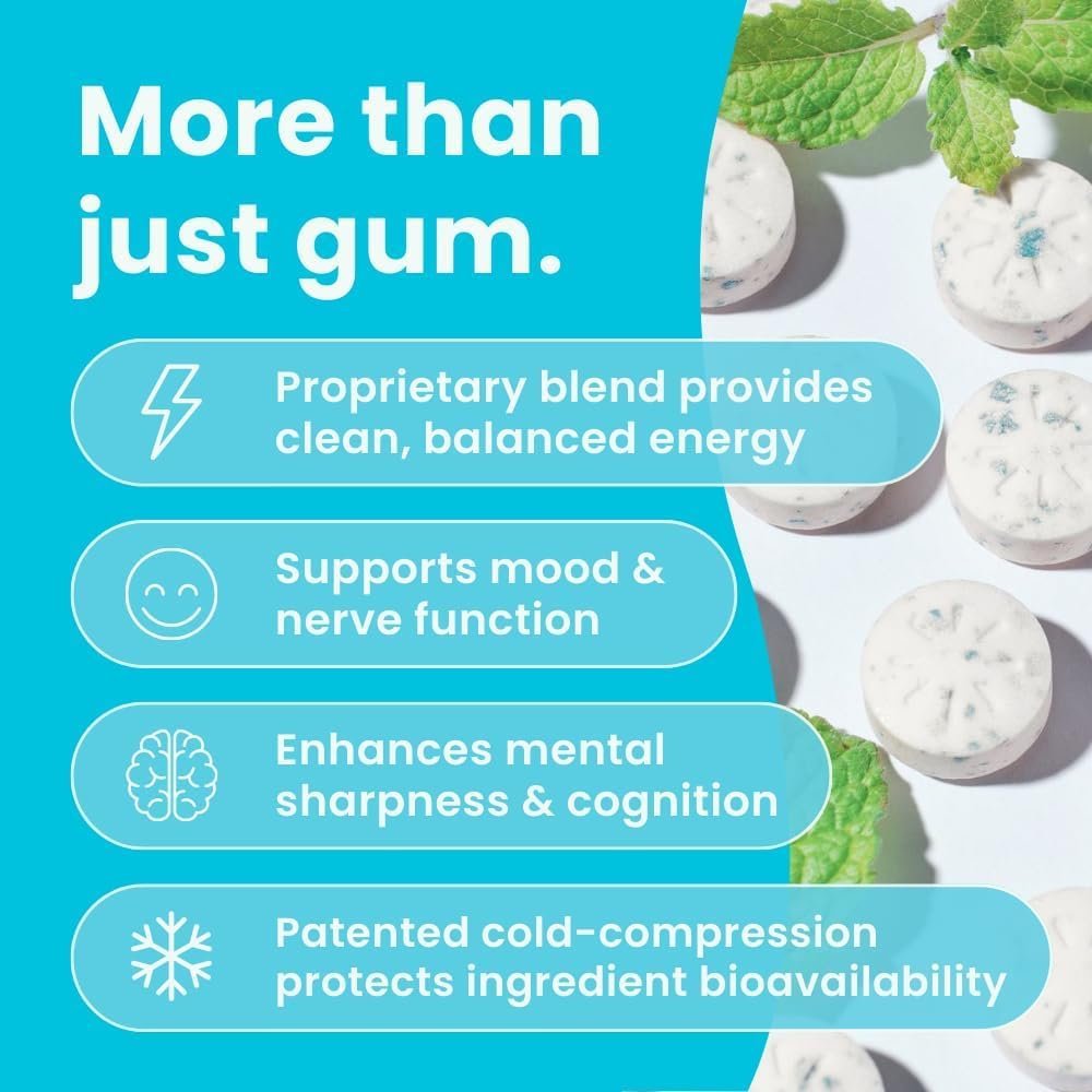 Neuro Energy & Focus Gum - 40mg Natural Caffeine Gum & Nootropic Energy Supplement with L-Theanine & B Vitamins - Sugar Free, Vegan - Peppermint, 90ct - Image 2
