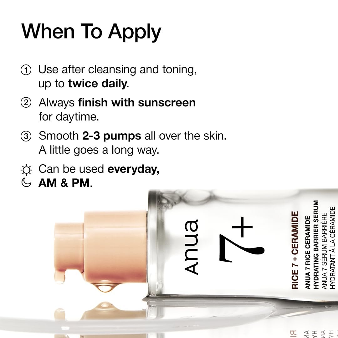 ANUA Rice Ceramide 7 Hydrating Barrier Serum, Moisturizing Serum for Face, Rice, Hyaluronic Acid, Niacinamide, Fragrance Free, Non-comodogenic, Glass Skin, Korean Skin Care, 50ml/1.69fl.oz. - Image 6