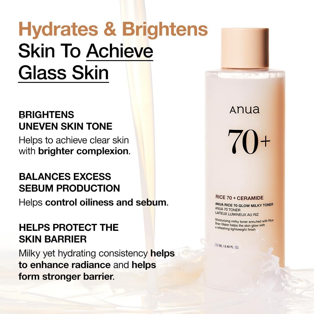ANUA Rice 70 Glow Milky Toner, for Glass Skin, Rice Water, Niacinamide, Ceramides, Panthenol, Fragrance-Free, Non comedogenic, Fungal Acne Safe, Korean Skin Care, 250ml/8.45fl.oz. - Image 3