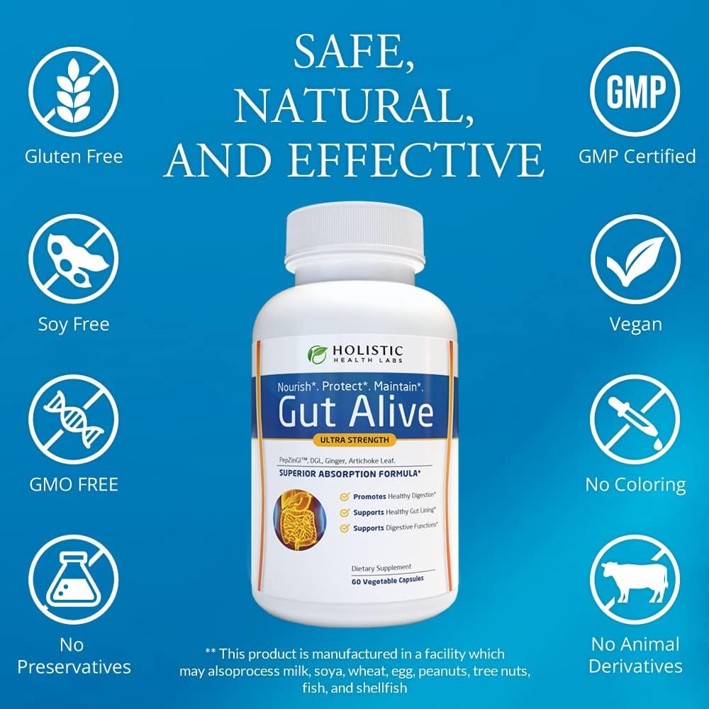 Gut Alive - All Natural Support to Fight IBS, Heartburn, Acid Indigestion, Acid Reflux, Bloating & Gas. Unique Formulation (60 Count (Pack of 1)) - Image 2