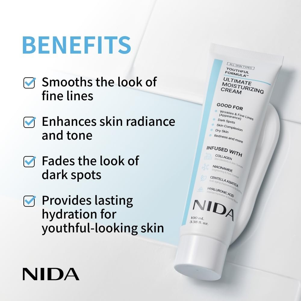 NIDA Youthful Formula™ Ultimate Moisturizing Cream | Centella Asiatica, Niacinamide, Hyaluronic Acid, Collagen | Wrinkles, Fine Lines, Dark Spots, Dry Skin, Redness | 3.38 fl. oz., 100ml (New Formula) - Image 4