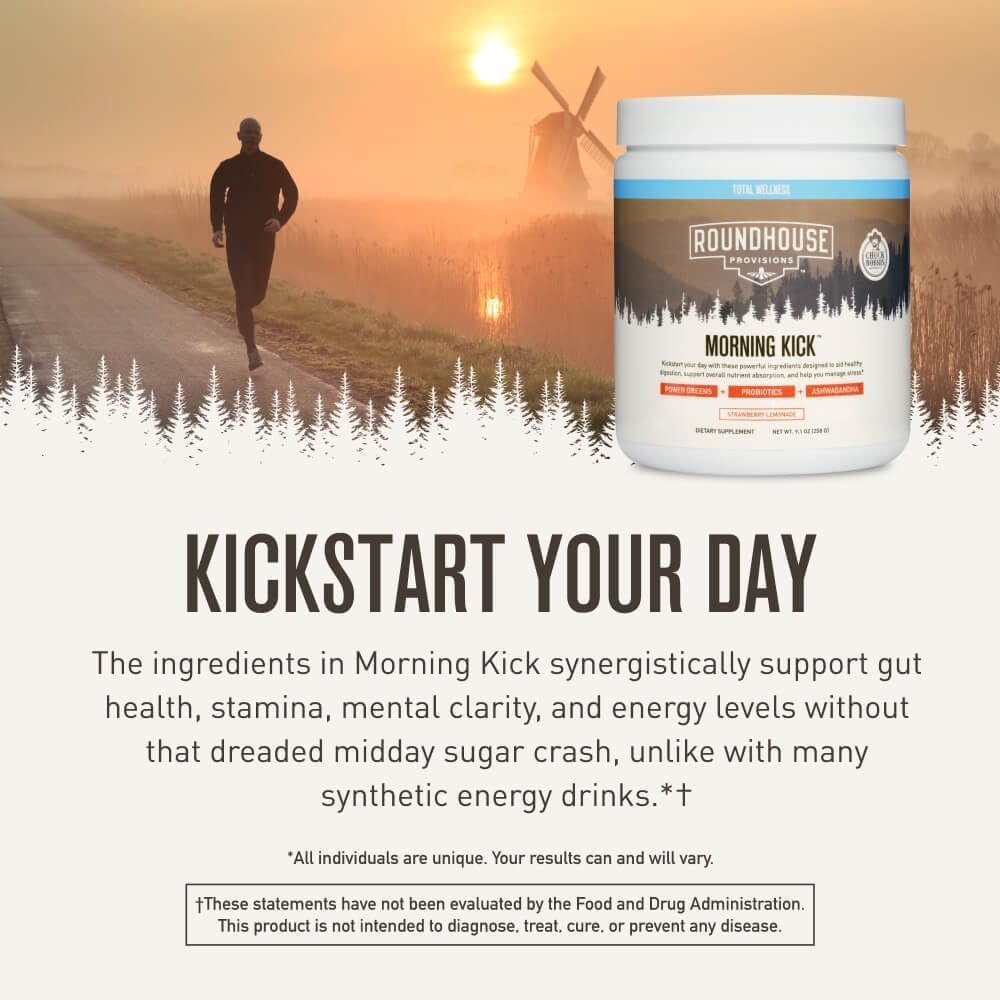 ROUNDHOUSE PROVISION Morning Kick, Zero Sugar Greens Superfood Powder Supplement with Ashwagandha, Collagen, Probiotics, Debloat Drink, 30 Servings (Strawberry Lemonade) by Chuck Norris - Image 3