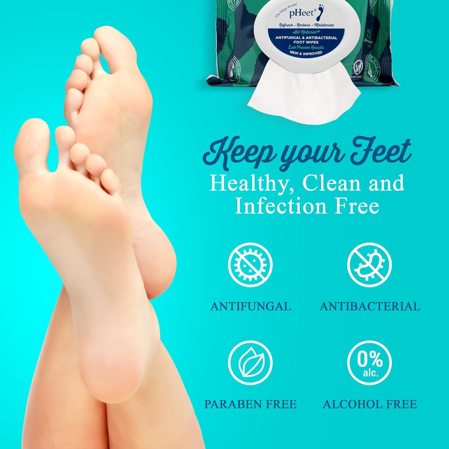 pHeet® Foot Wipes All-Natural Antifungal & Antibacterial Formula, Cleanses, Moisturizes, Prevents & Kills Athletes Foot, Toenail & Foot Fungus, Odor & Improves Dry, Cracked, Flaky & Diabetic Skin 72ct - Image 5