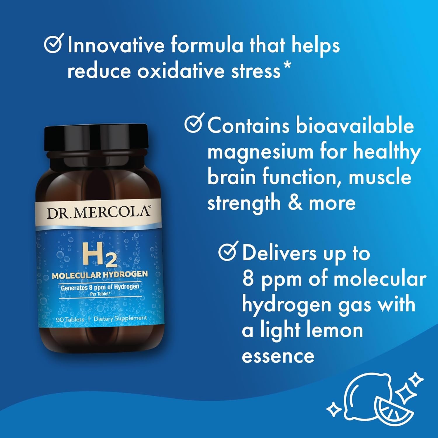 Dr. Mercola H2 Molecular Hydrogen - Supports Healthy Aging, Cellular Energy & Brain Health - with Elemental Magnesium - GMO-Free, Gluten-Free & Soy-Free - 90 Tablets (90 Servings) - Image 2
