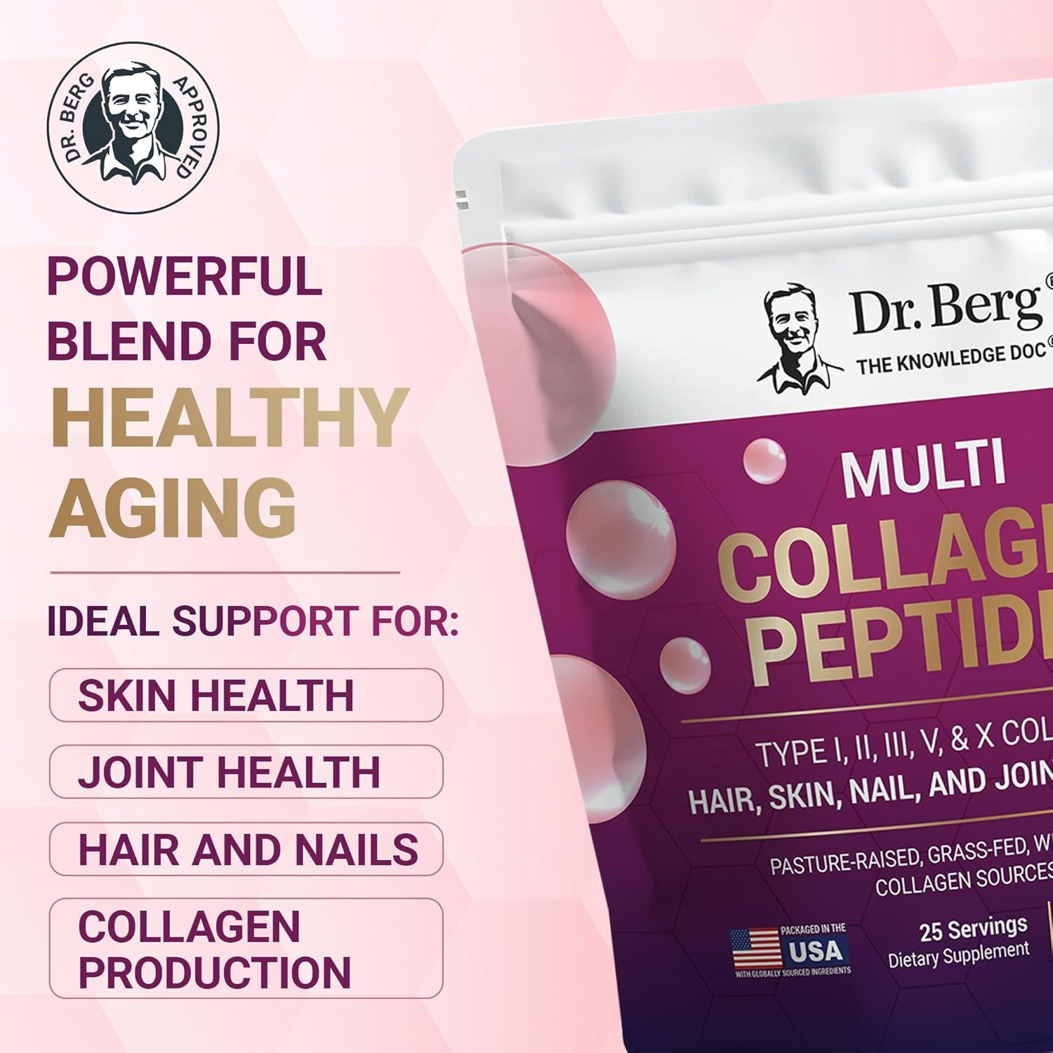 Dr. Berg Multi Collagen Peptides Powder Types I, II, III, V, X - Unflavored Collagen Powder w/ 14 g of Protein - Grass-Fed, Pasture-Raised & Wild-Caught Collagen Sources - 25 Servings - Image 2