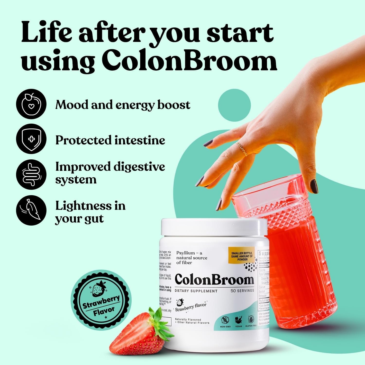 ColonBroom Psyllium Husk Powder (Strawberry) - Colon Cleanse for Bloating Relief & Gut Health - Colon Broom Fiber Powder Drink - Vegan, Gluten Free, Non-GMO Fiber Powder Supplement, 50 Servings - Image 2