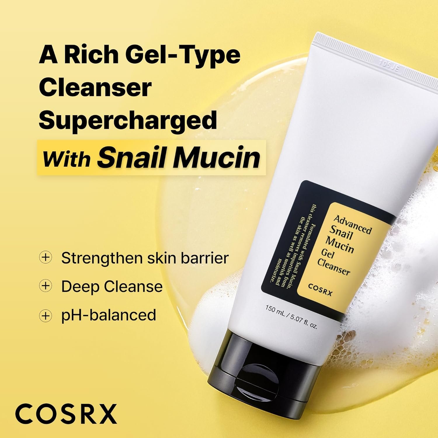 COSRX Advanced Snail Mucin Gel Cleanser, 5.07 Fl Oz / 150 mL, Rich Daily Deep Cleansing Gel for Dry & Sensitive Skin, Korean Skin Care, Not Tested on Animals, No Parabens, Stocking Stuffers - Image 2