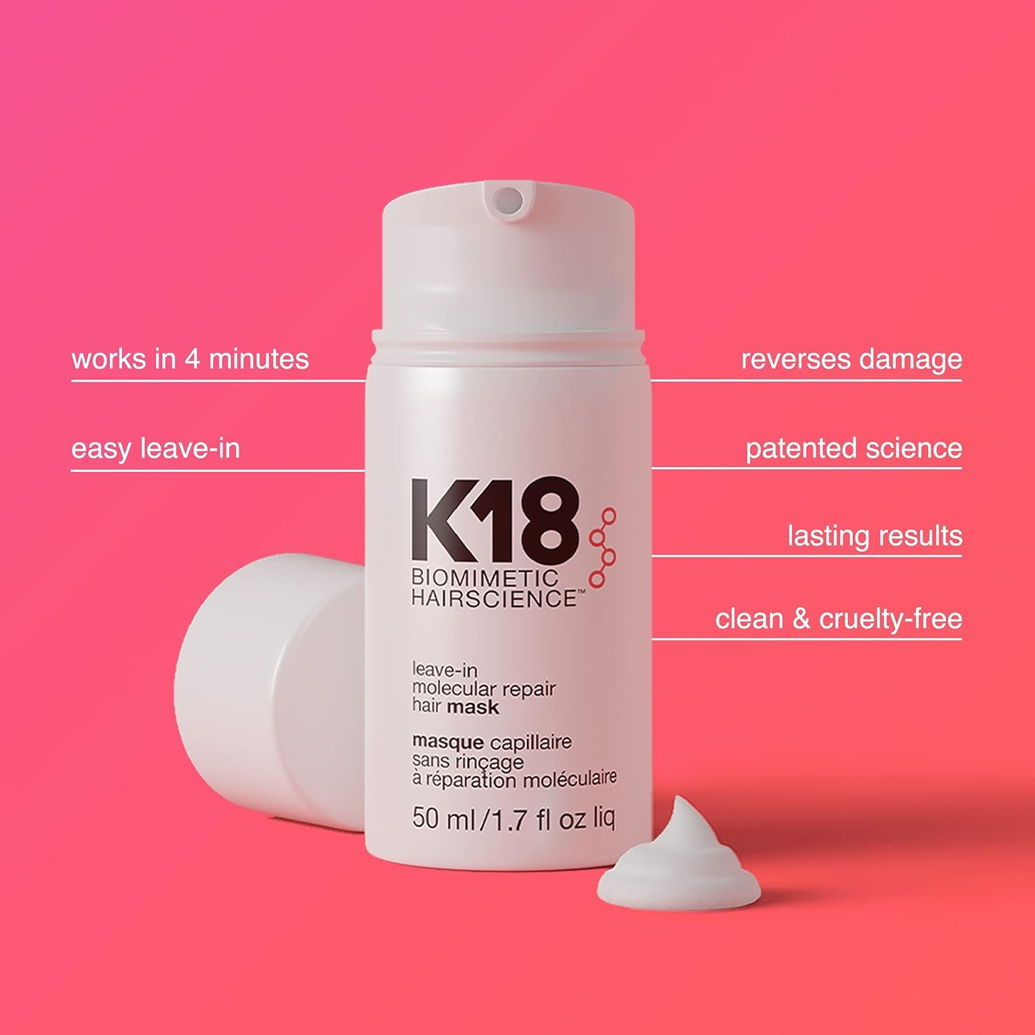 K18 Leave-In Molecular Hair Mask, Repairs Dry or Damaged Hair, Reverse Hair Damage from Bleach, Color, Chemical Services & Heat 50ml - Image 2