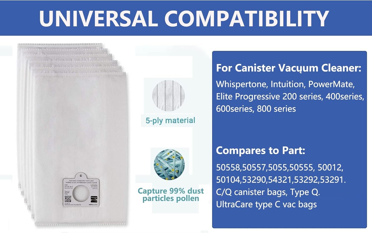 Compatible with Kenmore 53292 Type Q - C HEPA Canister Vacuum Bags,6-Pack (white) - Image 2