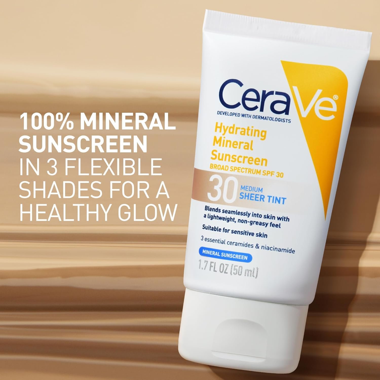 CeraVe Hydrating Mineral Sunscreen SPF 30 with Sheer Tint, Tinted Mineral Sunscreen with Zinc Oxide & Titanium Dioxide, Blends Seamlessly For Healthy Glow, Medium, 1.7 Fluid Ounce - Image 2