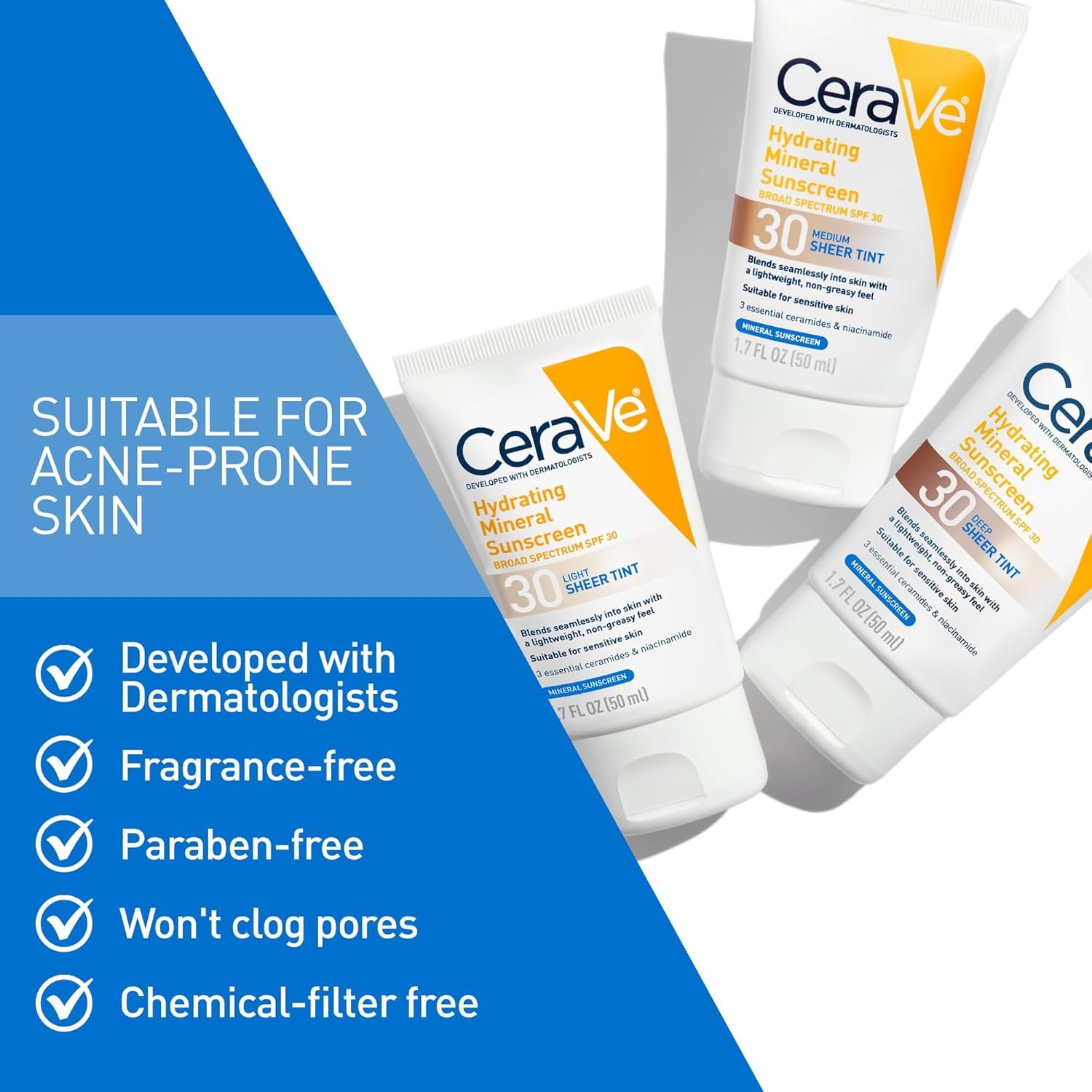 CeraVe Hydrating Mineral Sunscreen SPF 30 with Sheer Tint, Tinted Mineral Sunscreen with Zinc Oxide & Titanium Dioxide, Blends Seamlessly For Healthy Glow, Medium, 1.7 Fluid Ounce - Image 4