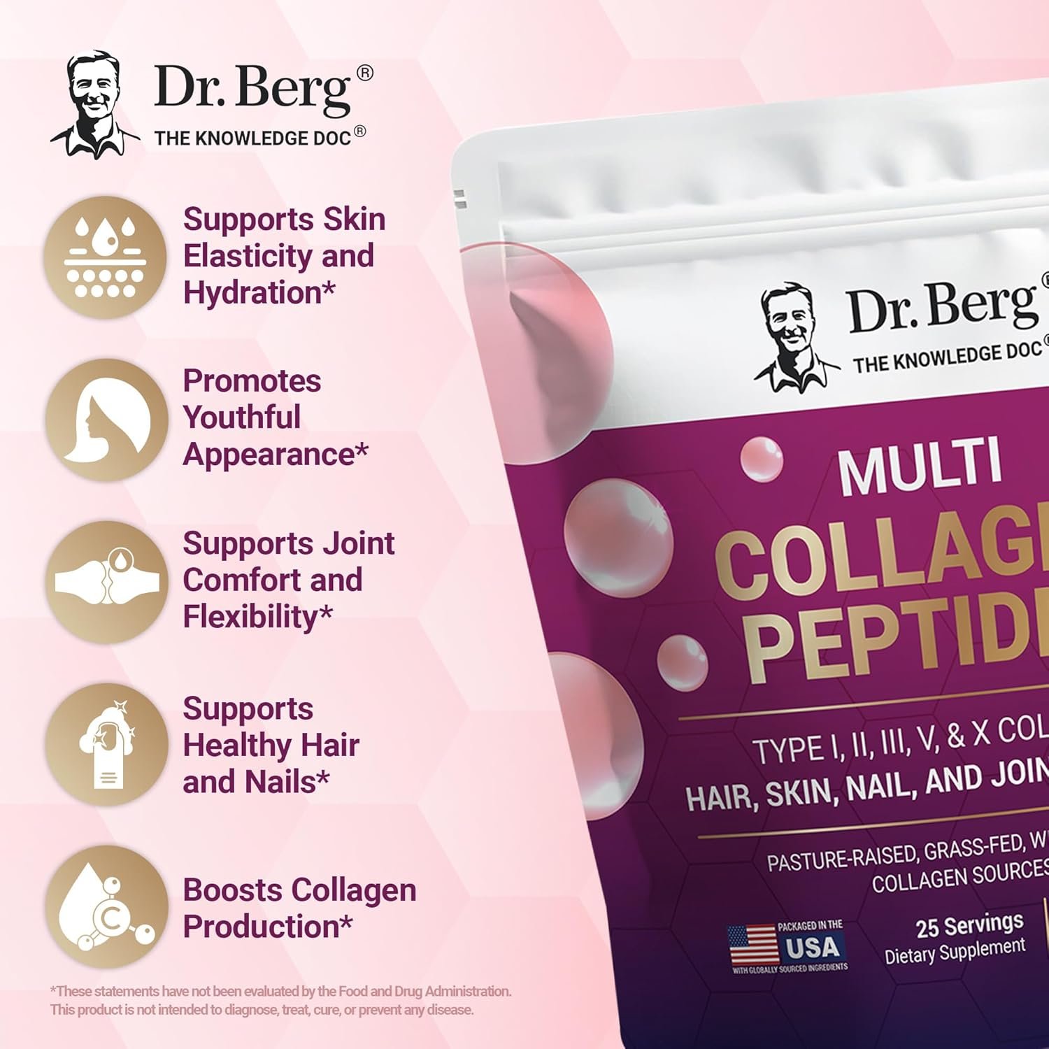 Dr. Berg Multi Collagen Peptides Powder Types I, II, III, V, X - Unflavored Collagen Powder w/ 14 g of Protein - Grass-Fed, Pasture-Raised & Wild-Caught Collagen Sources - 25 Servings - Image 3