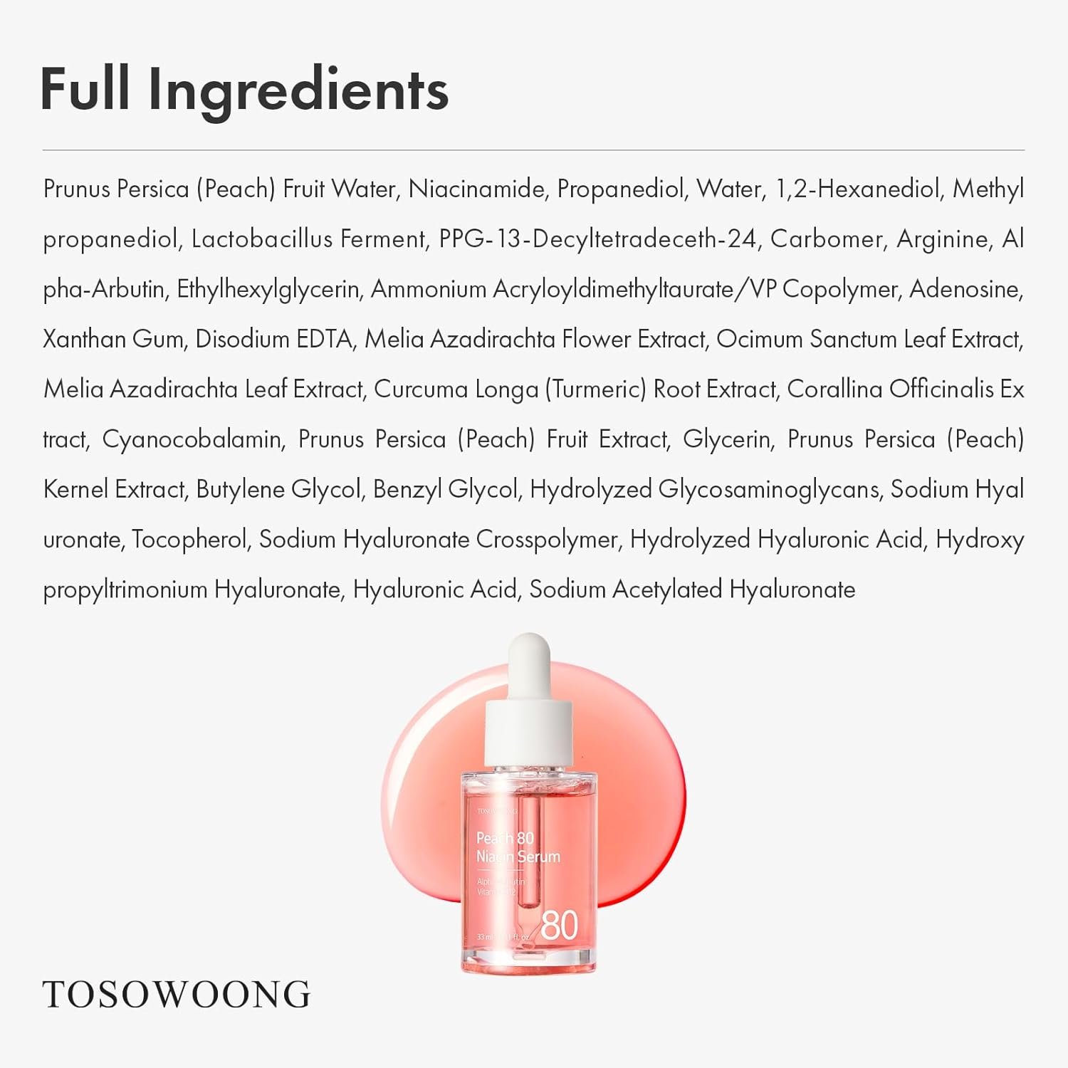 TOSOWOONG Peach 80 Niacin Serum, 5% Niacinamide, Alpha-Arbutin, Vitamin B12, Glass Skin, Hydrating Face Serum for Dark Spots, Pore Minimizer, Uneven Tone, Dullness, Korean Skincare, 33ml/1.11 fl. oz. - Image 2