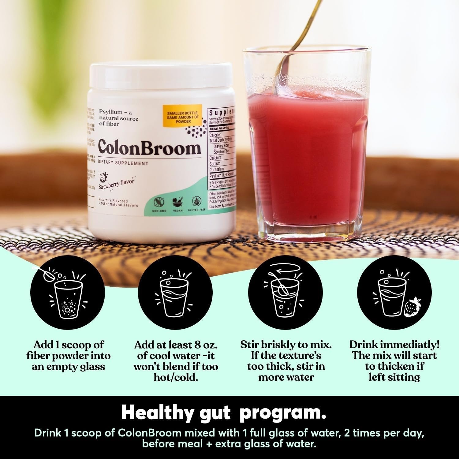 ColonBroom Psyllium Husk Powder (Strawberry) - Colon Cleanse for Bloating Relief & Gut Health - Colon Broom Fiber Powder Drink - Vegan, Gluten Free, Non-GMO Fiber Powder Supplement, 50 Servings - Image 3