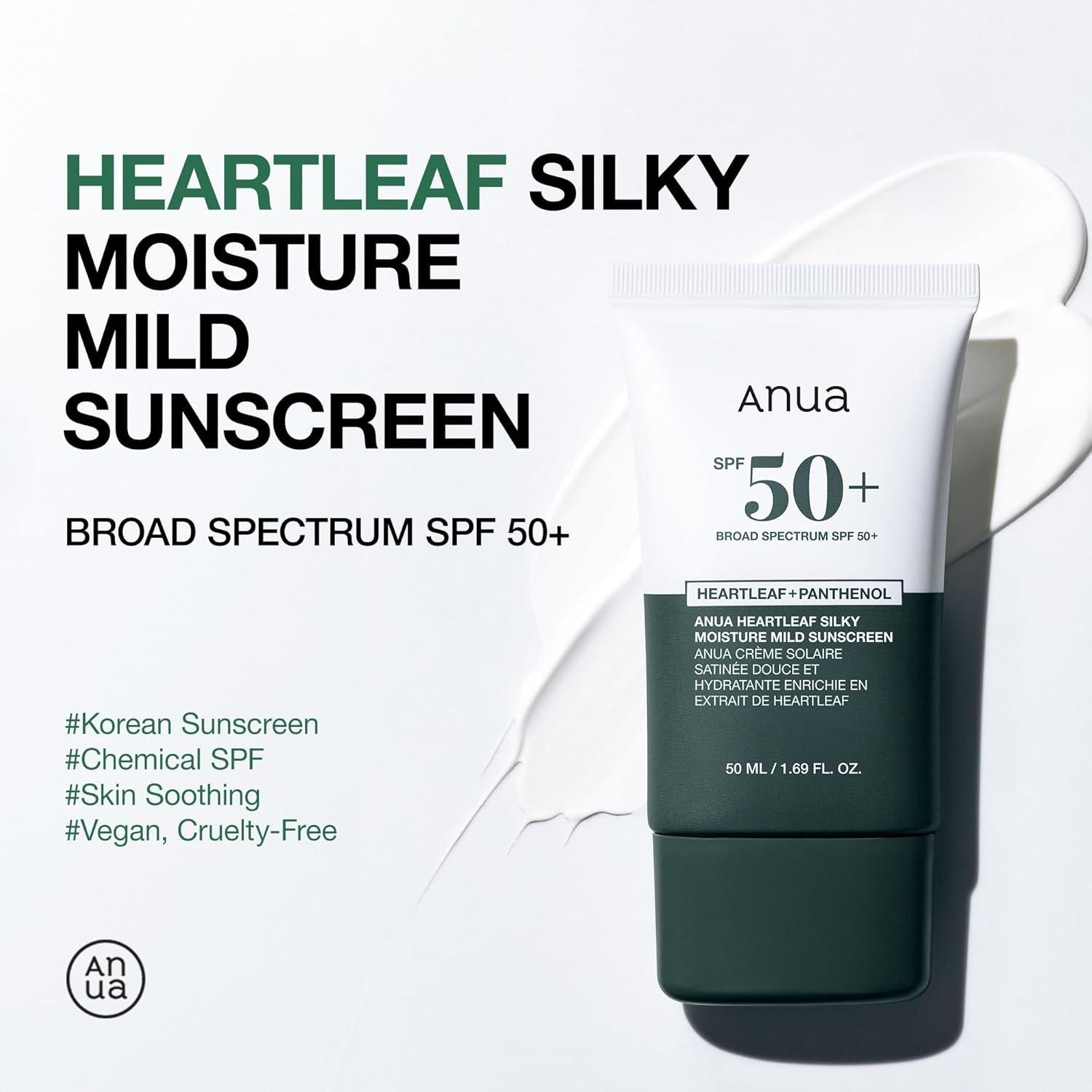 Anua Heartleaf Silky Moisture Mild Sunscreen, Broad Spectrum SPF 50+ with Moisturizing Formula, Lightweight Korean Sunscreen, Natural finish, Vegan, korean skin care 50ml / 1.69 fl. oz. - Image 3