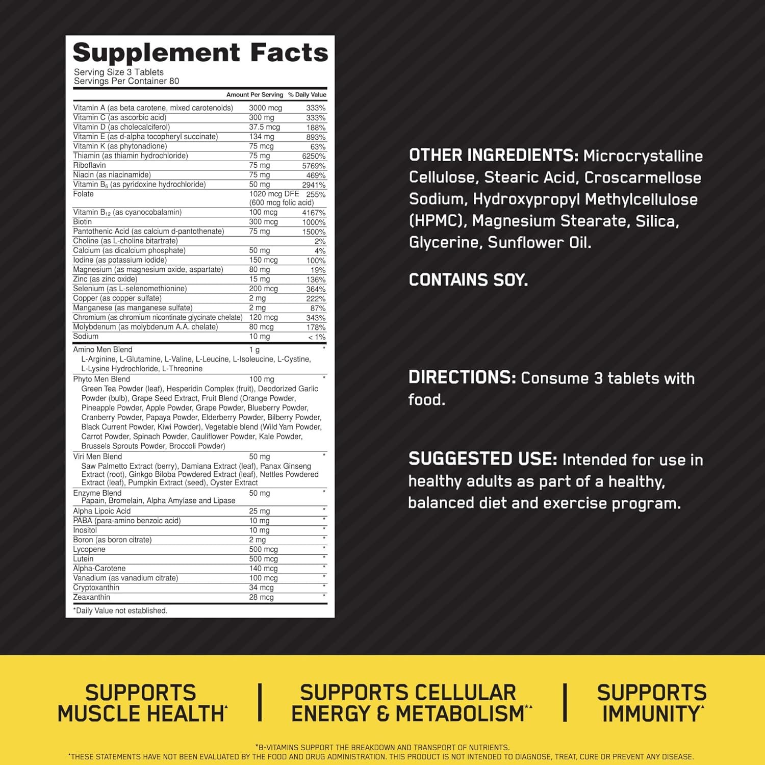 Optimum Nutrition Opti-Men Daily Multivitamin for Men, Immune Support Supplement with Amino Acids, 80 Day Supply, 240 Count, (Packaging May Vary) - Image 3