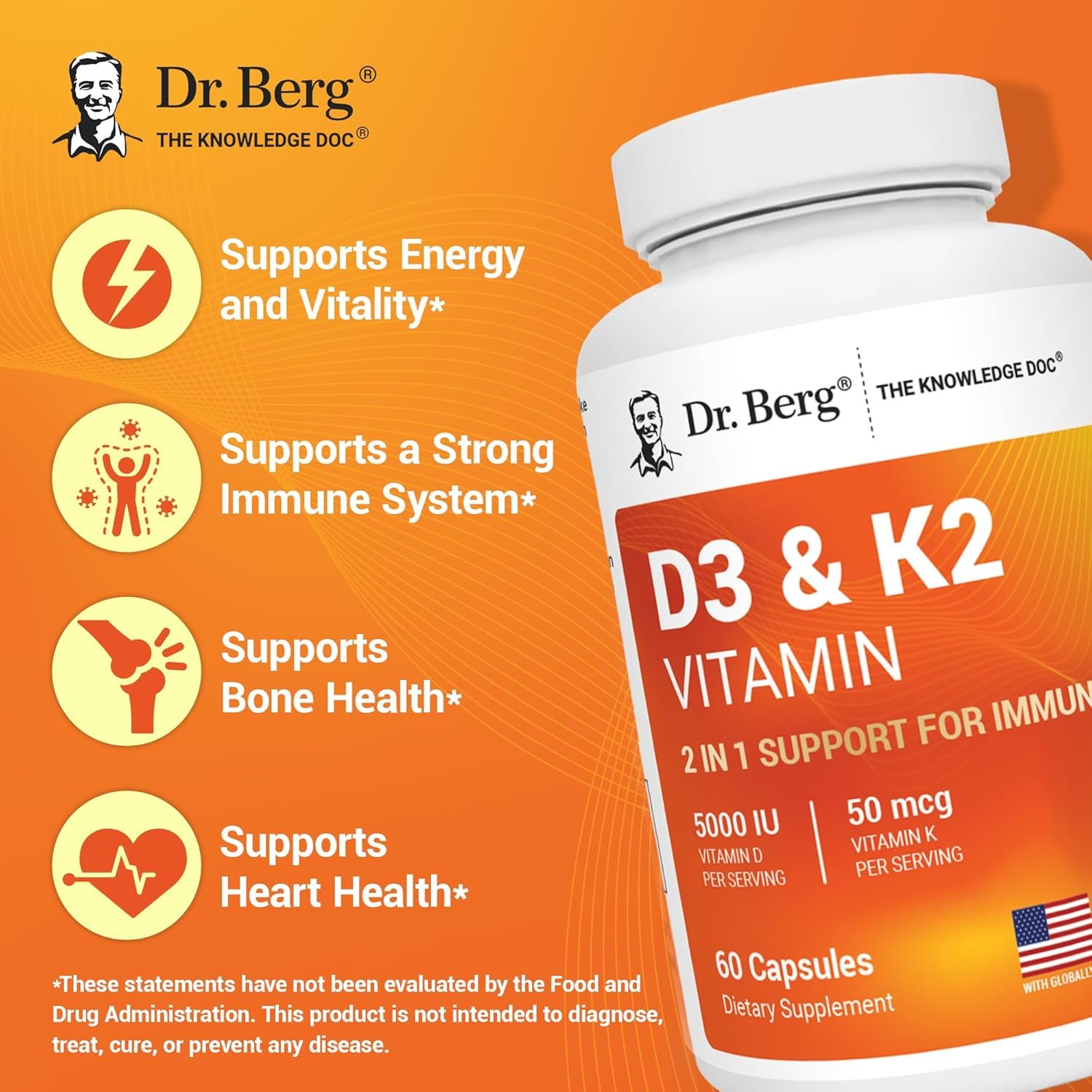 Dr. Berg Maximum Strength 2-in-1 Vitamin D3 K2 5000 IU | Naturally Derived D3 | 4X Lab-Tested & Verified | High Absorption Formula | K2 D3 Vitamin Supplement - 60 Capsules - Image 2