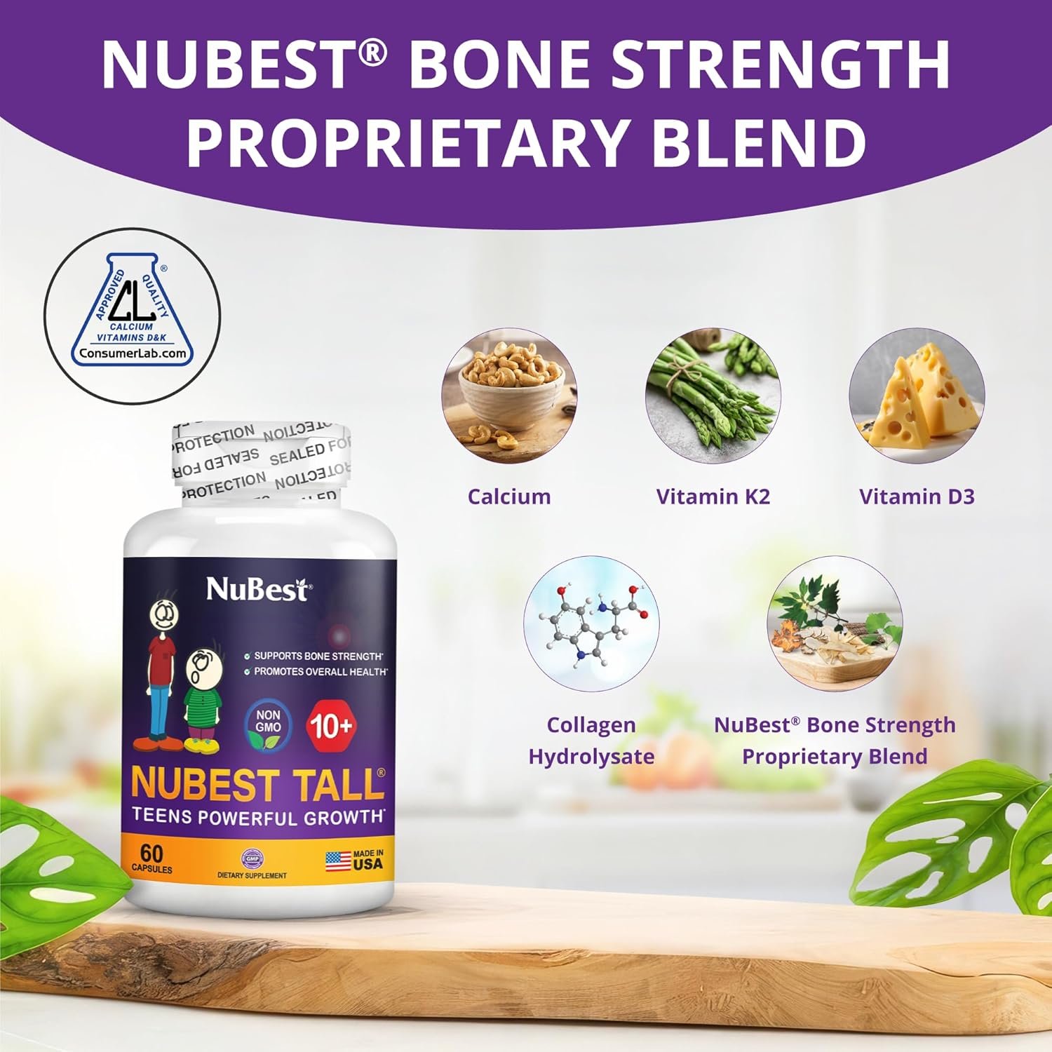 NuBest Tall 10+ Premium Bone Strength Formula, Enhanced Immunity and Overall Health for Age 10+ with Calcium, Vitamin D3, Vitamin K2, and Multivitamins | 60 Capsules | 1 Month Supply - Image 2
