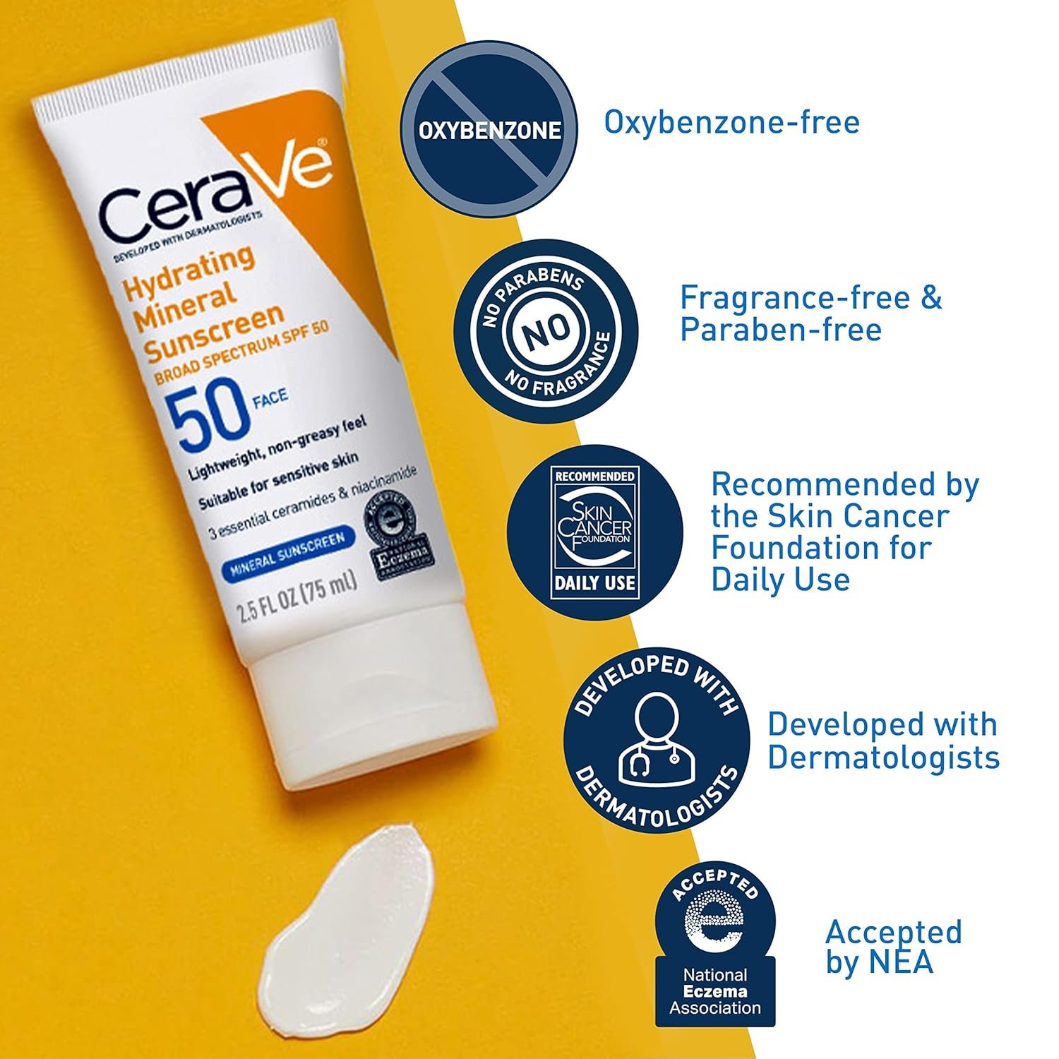 CeraVe 100% Mineral Sunscreen SPF 50, Face sunscreen With Zinc Oxide & Titanium Dioxide, Hyaluronic Acid + Niacinamide + Ceramides, Oil Free, Travel Size 2.5 oz - Image 2