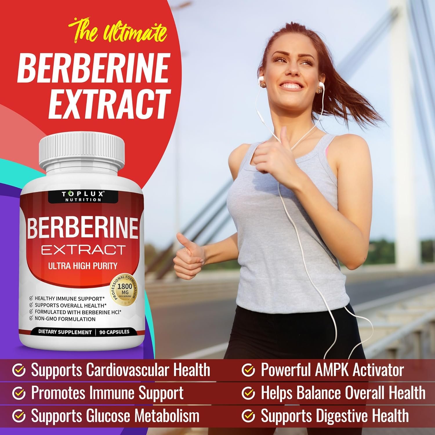Toplux Berberine Supplement 1800mg - Berberine HCL 97% Tested Ultra High Purity Premium Berberine Extract to Support Overall Health, High Potency Berberine Plus Non-GMO Vegan Men Women, 90 Capsules - Image 3