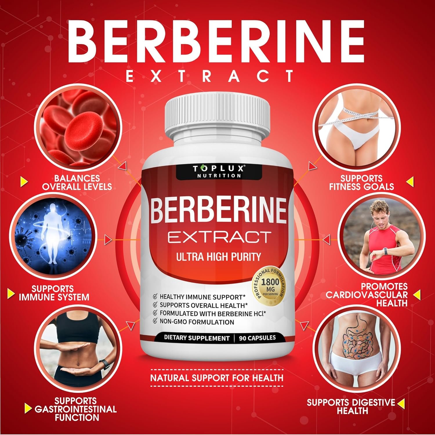 Toplux Berberine Supplement 1800mg - Berberine HCL 97% Tested Ultra High Purity Premium Berberine Extract to Support Overall Health, High Potency Berberine Plus Non-GMO Vegan Men Women, 90 Capsules - Image 2