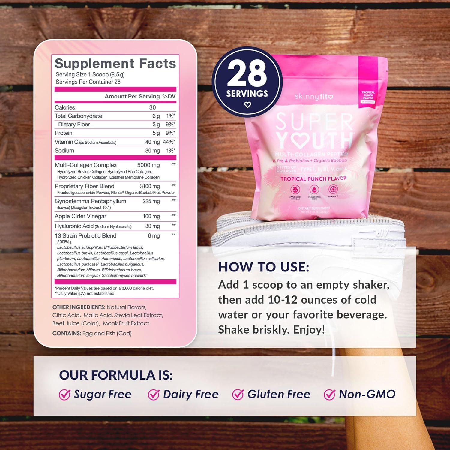 SkinnyFit - Super Youth Collagen for Women - Multi Collagen Peptides Powder - Probiotics, Fiber, Hyaluronic Acid - Non GMO, Gluten Free, Sugar Free - Beauty & Self Care - Tropical Punch (28 Servings) - Image 3