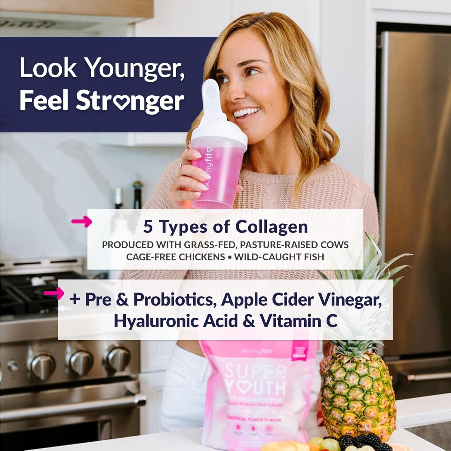 SkinnyFit - Super Youth Collagen for Women - Multi Collagen Peptides Powder - Probiotics, Fiber, Hyaluronic Acid - Non GMO, Gluten Free, Sugar Free - Beauty & Self Care - Tropical Punch (28 Servings) - Image 5