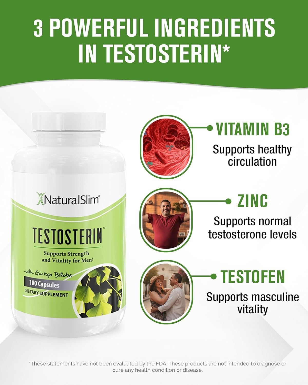 NaturalSlim Natural Testosterone Booster for Men - Male Enhancing Supplement with Ginkgo Biloba, L Arginine, Zinc, Vitamin B3, & Testofen for Energy, Muscle Builder & Metabolism - 180 Capsules - Image 2