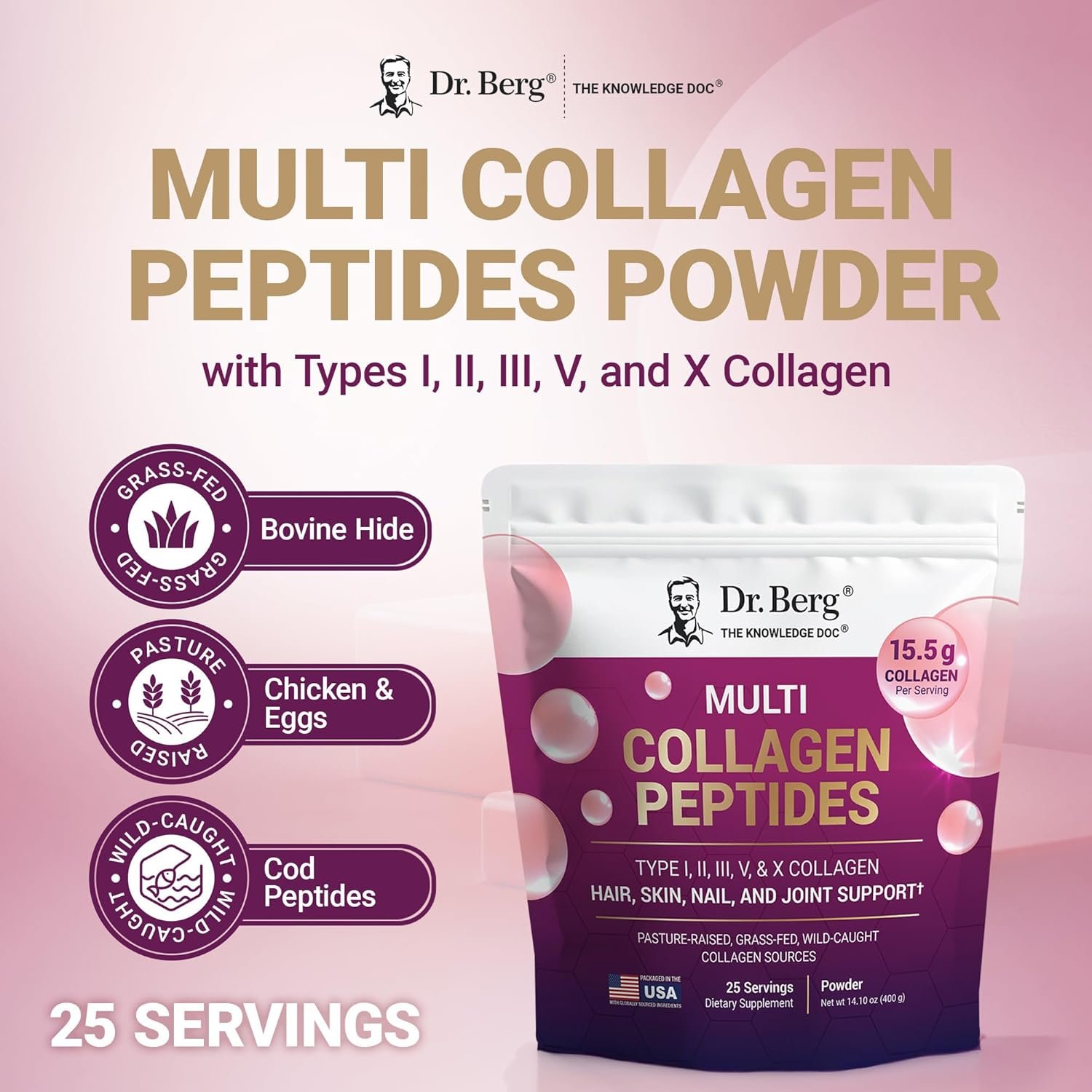 Dr. Berg Multi Collagen Peptides Powder Types I, II, III, V, X - Unflavored Collagen Powder w/ 14 g of Protein - Grass-Fed, Pasture-Raised & Wild-Caught Collagen Sources - 25 Servings - Image 4