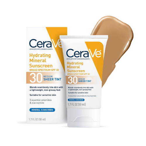 CeraVe Hydrating Mineral Sunscreen SPF 30 with Sheer Tint, Tinted Mineral Sunscreen with Zinc Oxide & Titanium Dioxide, Blends Seamlessly For Healthy Glow, Medium, 1.7 Fluid Ounce