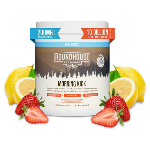 ROUNDHOUSE PROVISION Morning Kick, Zero Sugar Greens Superfood Powder Supplement with Ashwagandha, Collagen, Probiotics, Debloat Drink, 30 Servings (Strawberry Lemonade) by Chuck Norris