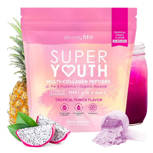 SkinnyFit - Super Youth Collagen for Women - Multi Collagen Peptides Powder - Probiotics, Fiber, Hyaluronic Acid - Non GMO, Gluten Free, Sugar Free - Beauty & Self Care - Tropical Punch (28 Servings)