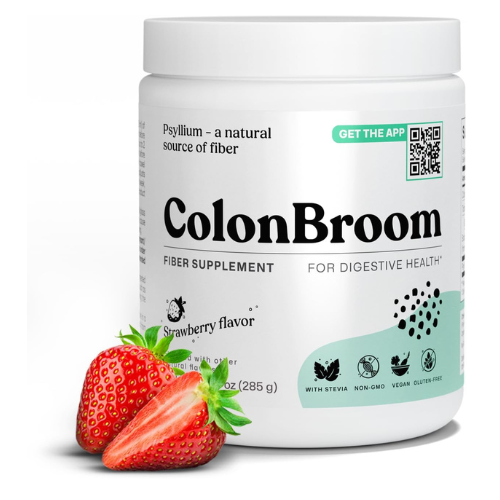 ColonBroom Psyllium Husk Powder (Strawberry) - Colon Cleanse for Bloating Relief & Gut Health - Colon Broom Fiber Powder Drink - Vegan, Gluten Free, Non-GMO Fiber Powder Supplement, 50 Servings