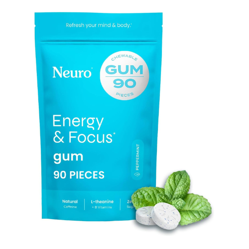 Neuro Energy & Focus Gum - 40mg Natural Caffeine Gum & Nootropic Energy Supplement with L-Theanine & B Vitamins - Sugar Free, Vegan - Peppermint, 90ct