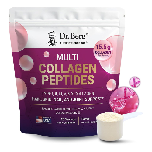Dr. Berg Multi Collagen Peptides Powder Types I, II, III, V, X - Unflavored Collagen Powder w/ 14 g of Protein - Grass-Fed, Pasture-Raised & Wild-Caught Collagen Sources - 25 Servings