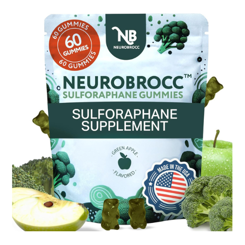 NeuroBrocc Sulforaphane Supplement Gummies - Potent Broccoli Sprout Extract Supplement - 60 Vegan Friendly Green Apple Flavored Gummies for Kids and Adults