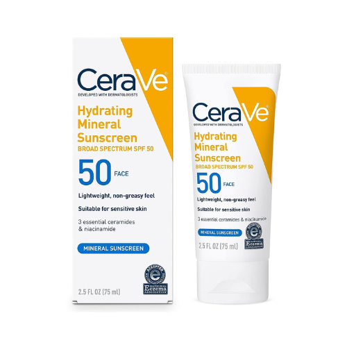 CeraVe 100% Mineral Sunscreen SPF 50, Face sunscreen With Zinc Oxide & Titanium Dioxide, Hyaluronic Acid + Niacinamide + Ceramides, Oil Free, Travel Size 2.5 oz