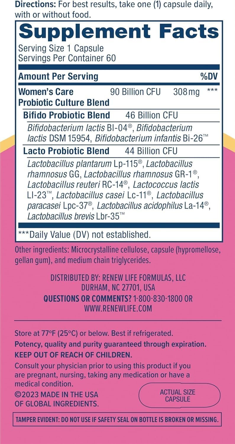 Renew Life Women's Probiotic Capsules, Supports pH Balance for Women, Vaginal, Urinary, Digestive and Immune Health, L. Rhamnosus GG, Dairy, Soy and Gluten-Free, 90 Billion CFU - 60 Ct - Image 3